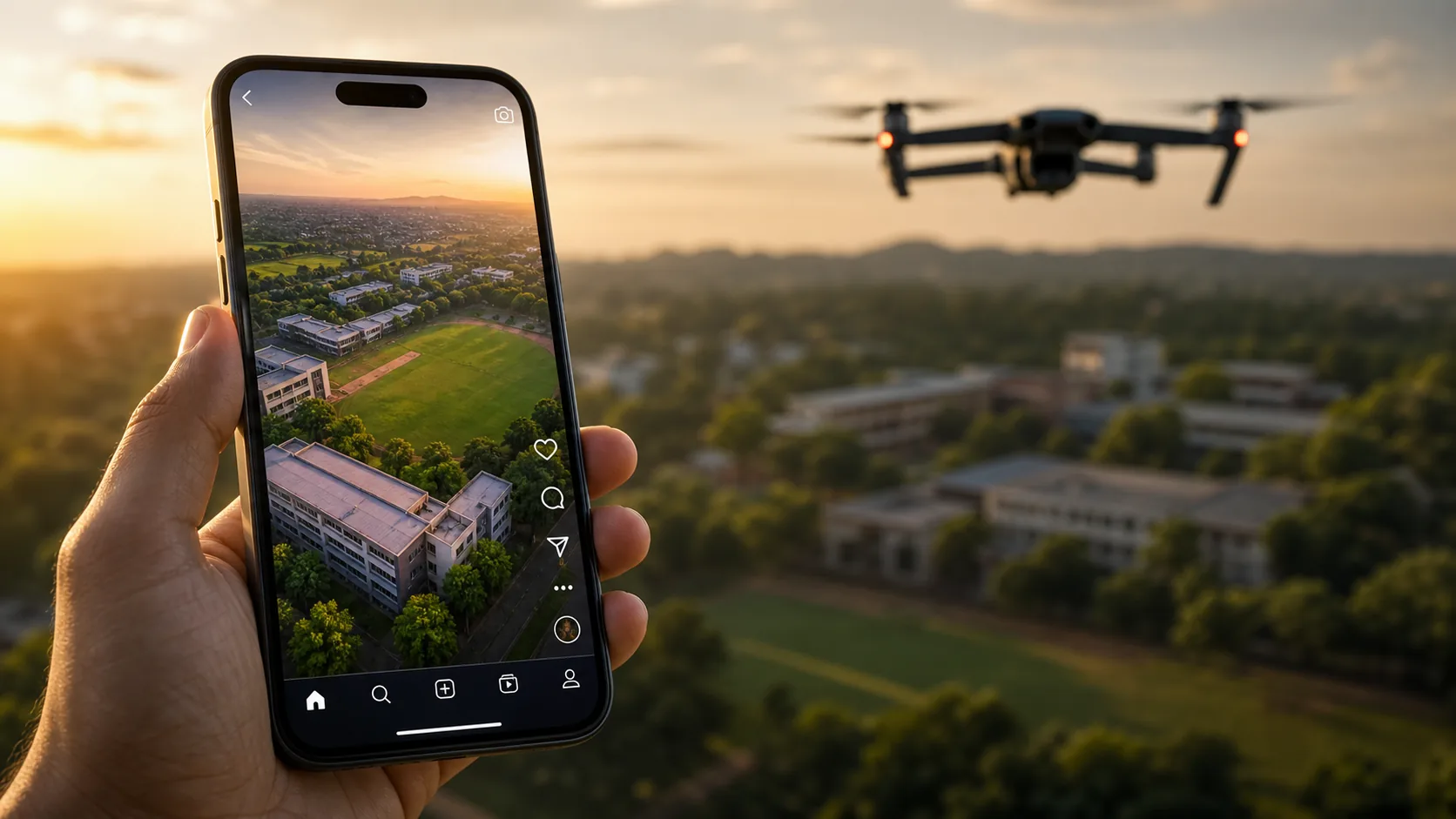 Smartphone showing a campus aerial reel with a drone flying over school grounds in the background
