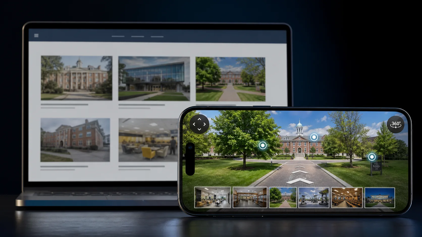 Phone showing an immersive campus walkthrough in front of an outdated school photo gallery on a laptop